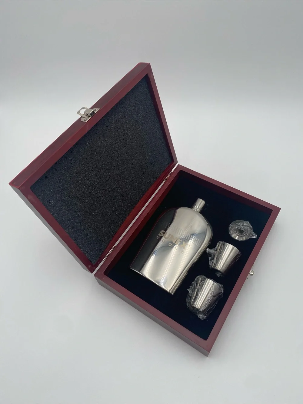 Sunex Tools Stainless Steel 6 oz Hip Flask Set w/ Funnel, 2 Shot Glasses, Box